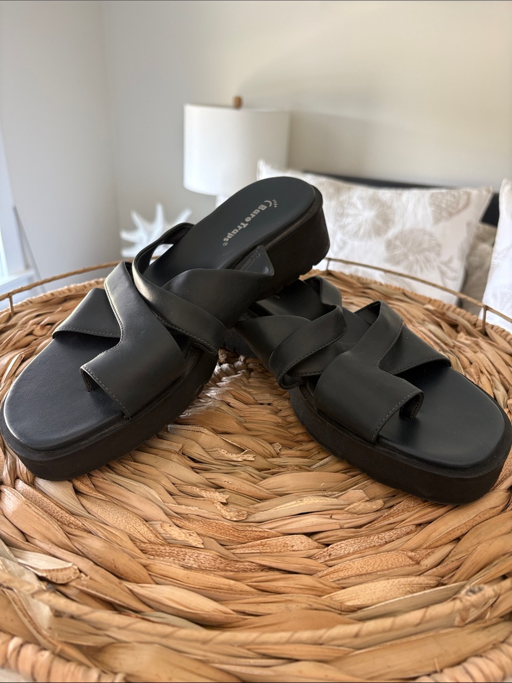 BareTraps Black Leather Cross-Strap Platform Sandals